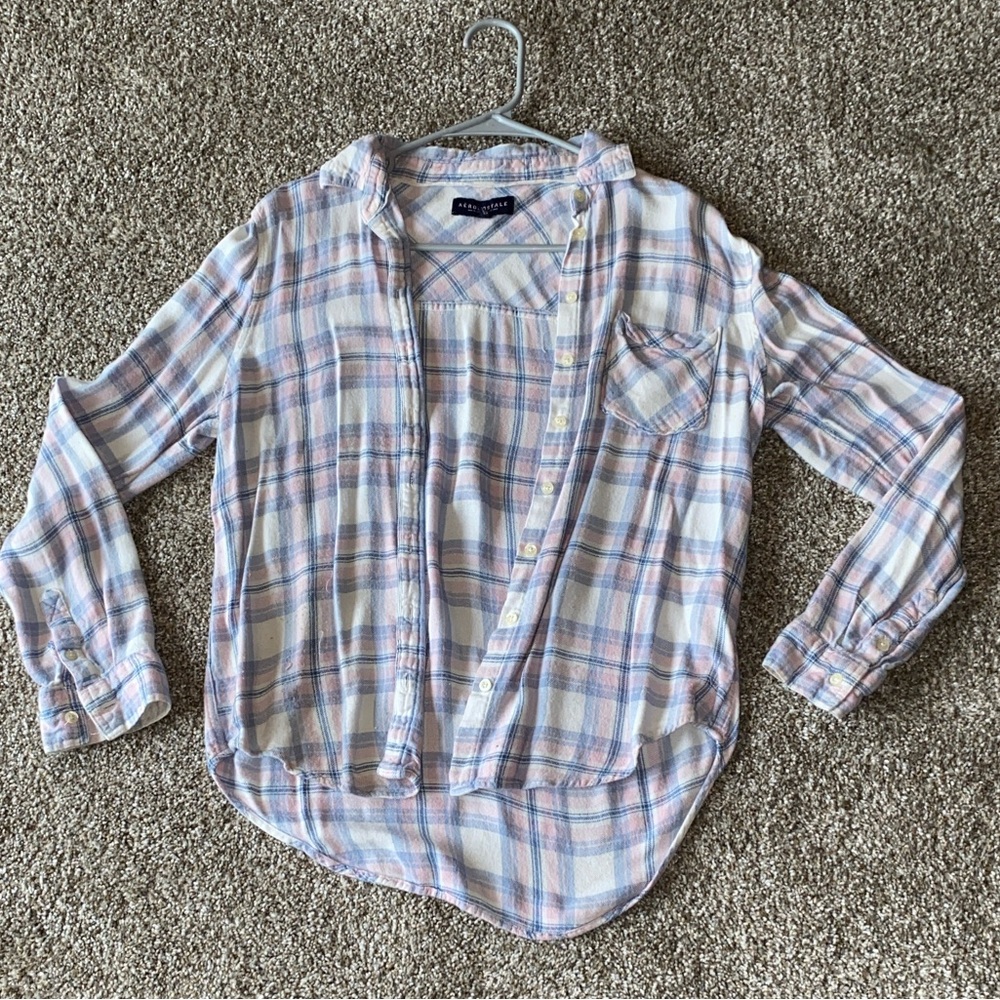 🖤 Aeropostale Pastel Plaid Button-Down Shirt - White, Pink, Blue